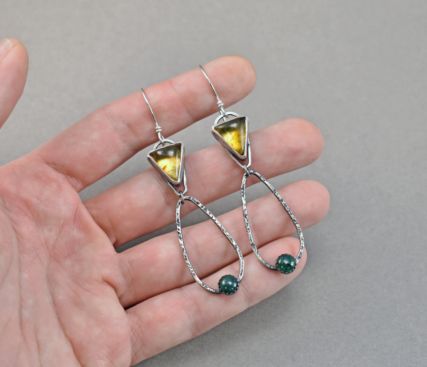 Long Amber and Aventurine Sterling Silver Teardrop Dangle Earrings