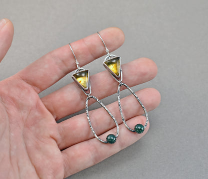 Long Amber and Aventurine Sterling Silver Teardrop Dangle Earrings
