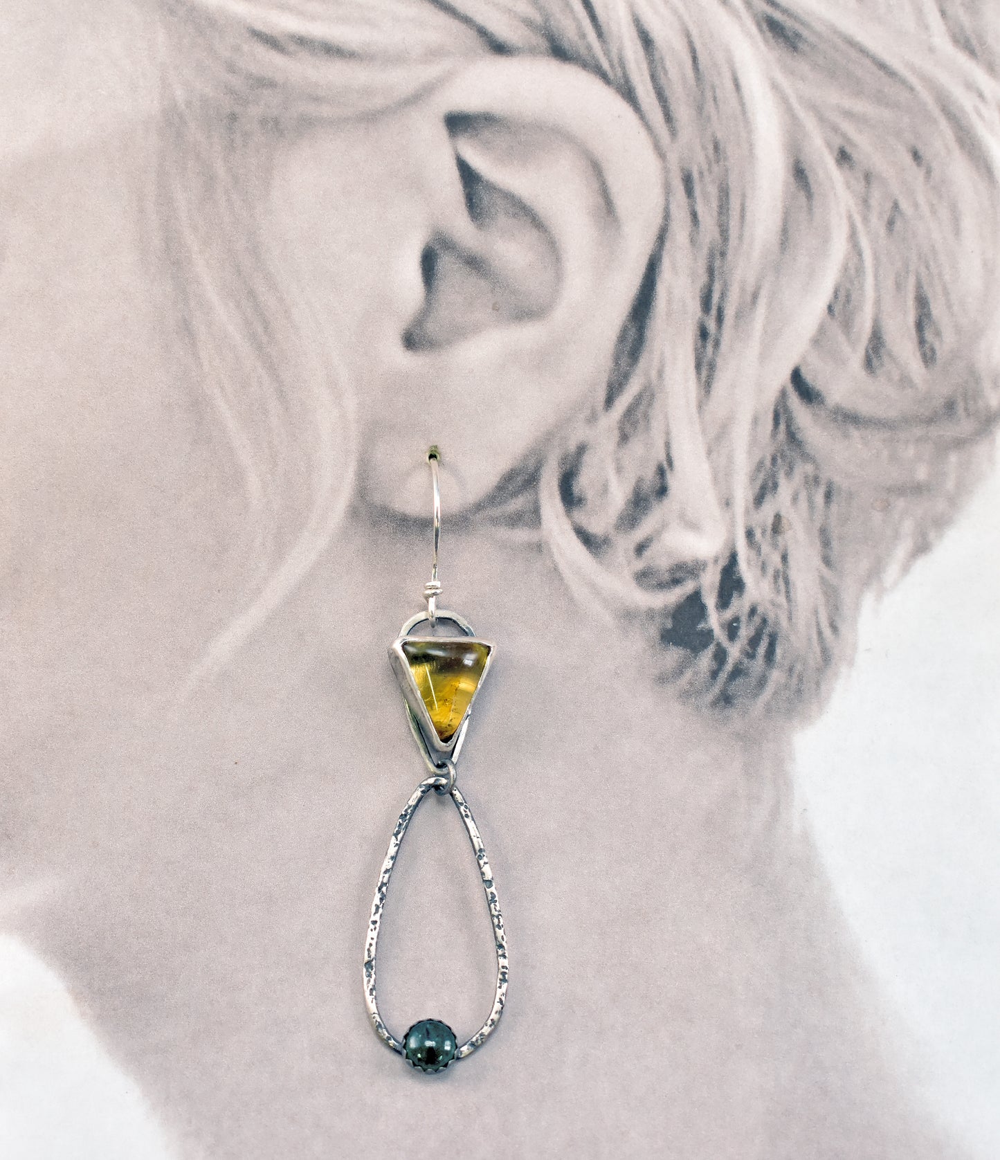 Long Amber and Aventurine Sterling Silver Teardrop Dangle Earrings