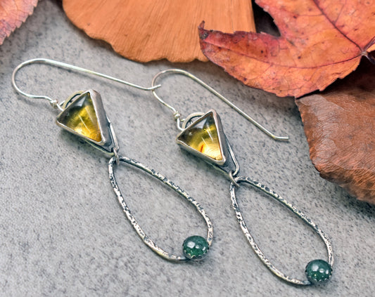 Long Amber and Aventurine Sterling Silver Teardrop Dangle Earrings