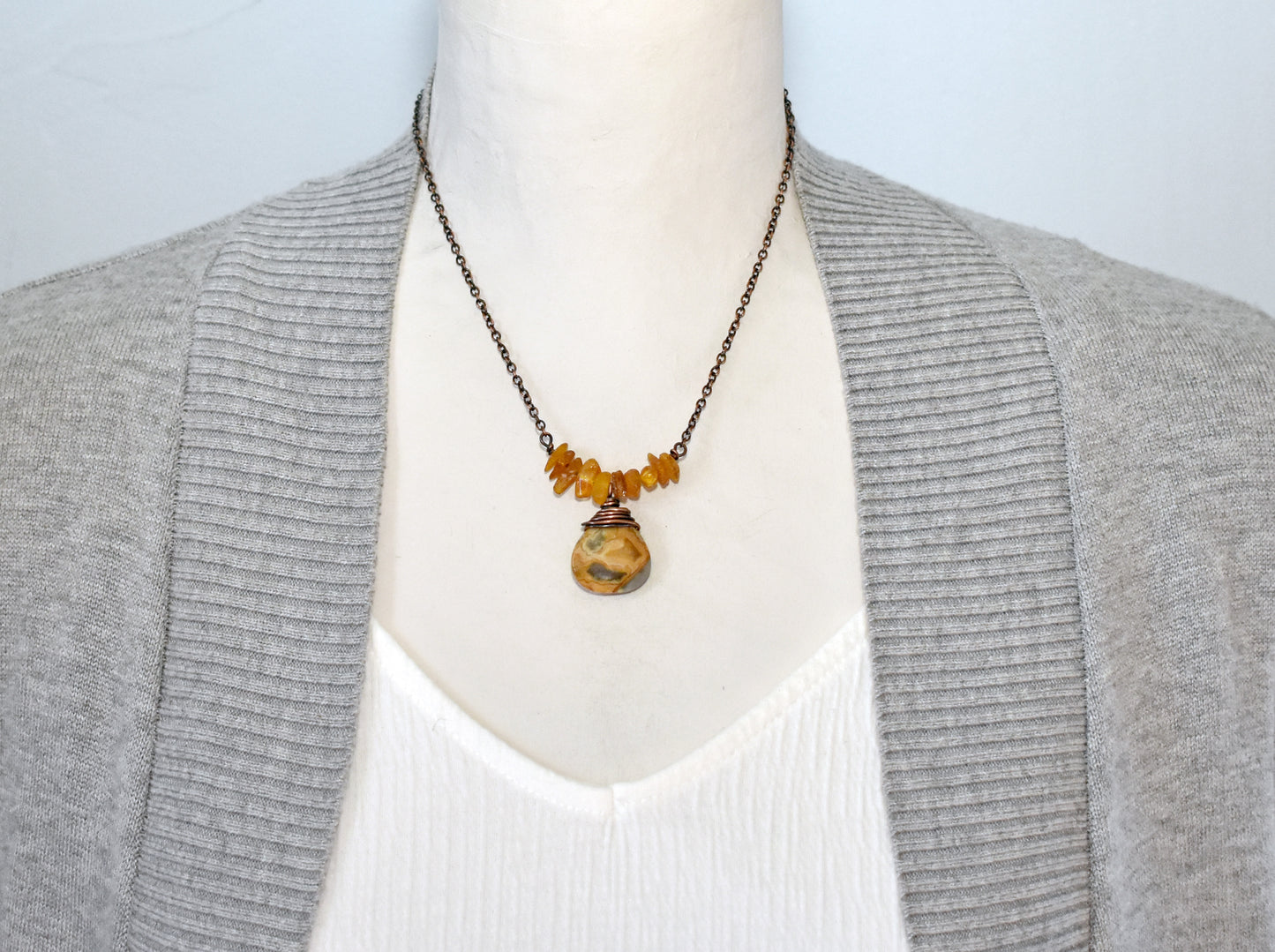 Crazy Lace Agate, Raw Amber and Copper Wire Necklace, Yellow and Orange Artisan Handmade Jewelry