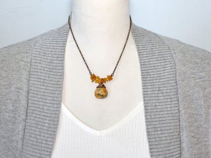 Crazy Lace Agate, Raw Amber and Copper Wire Necklace, Yellow and Orange Artisan Handmade Jewelry