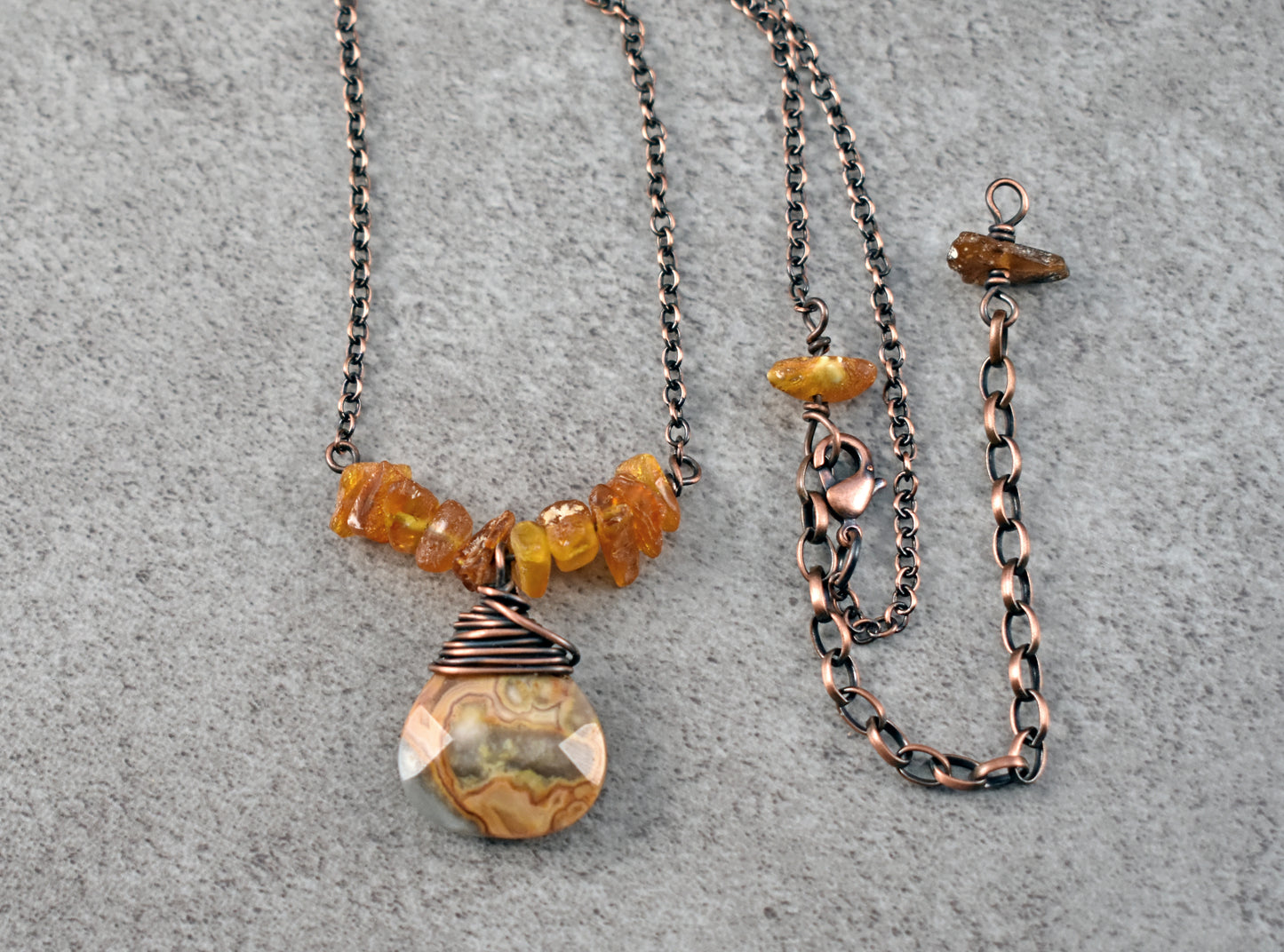 Crazy Lace Agate, Raw Amber and Copper Wire Necklace, Yellow and Orange Artisan Handmade Jewelry