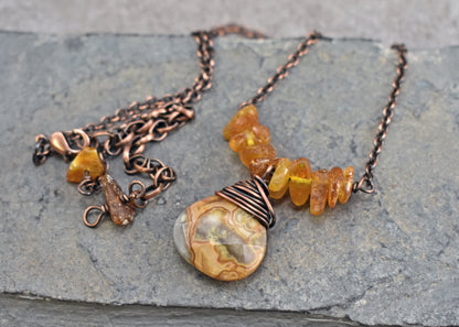 Crazy Lace Agate, Raw Amber and Copper Wire Necklace, Yellow and Orange Artisan Handmade Jewelry