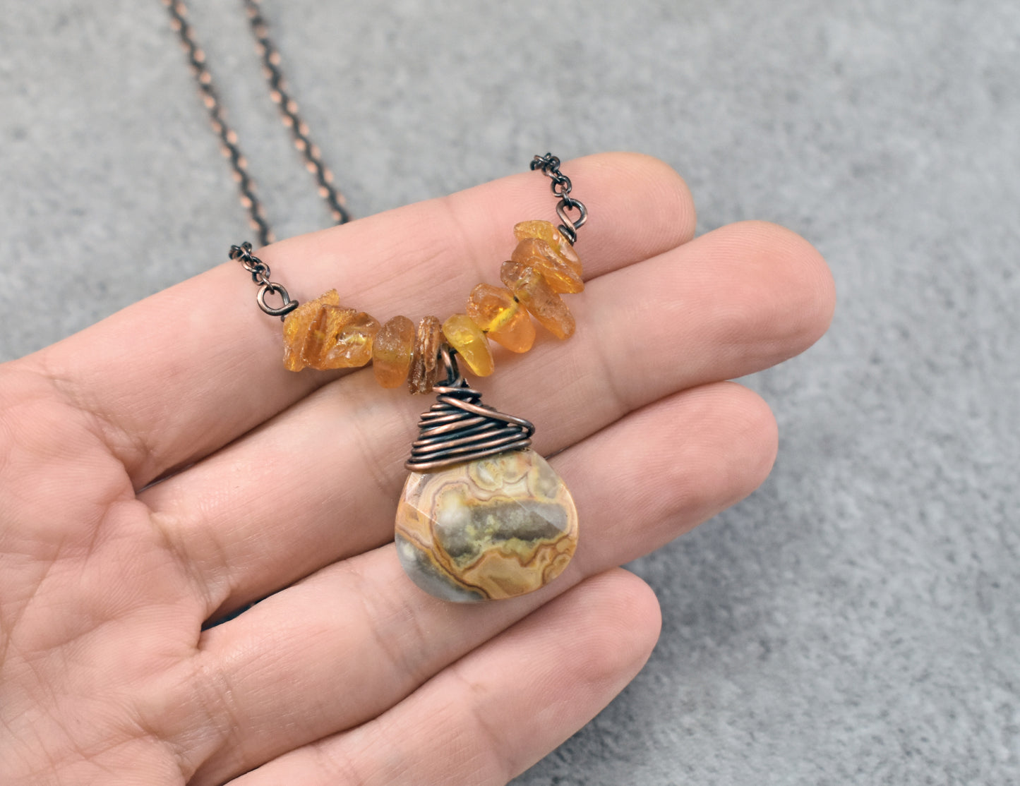 Crazy Lace Agate, Raw Amber and Copper Wire Necklace, Yellow and Orange Artisan Handmade Jewelry