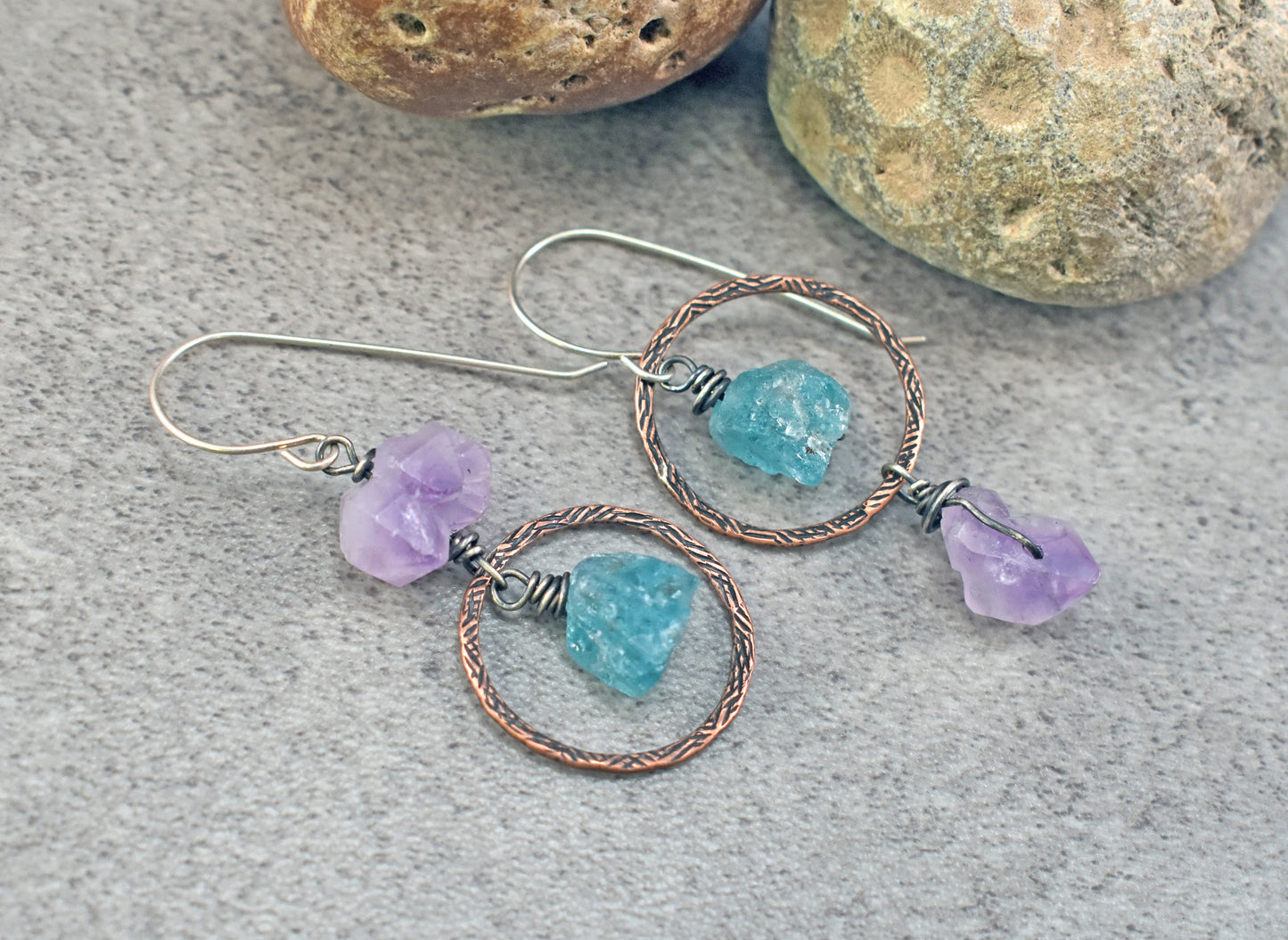 Raw Apatite and Amethyst Asymmetrical Mixed Metal Earrings, Rustic Copper Blue and Purple Circle Jewelry