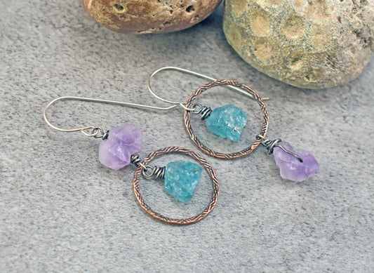 Raw Apatite and Amethyst Asymmetrical Mixed Metal Earrings, Rustic Copper Blue and Purple Circle Jewelry