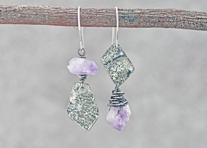 Raw Amethyst Mixed Metal Asymmetrical Earrings, Rustic Copper Sterling Silver Purple Gemstone Jewelry