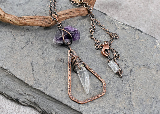 Raw Amethyst and Quartz Crystal Necklace, Rustic Copper Pendant, Natural Purple Gemstone Jewelry