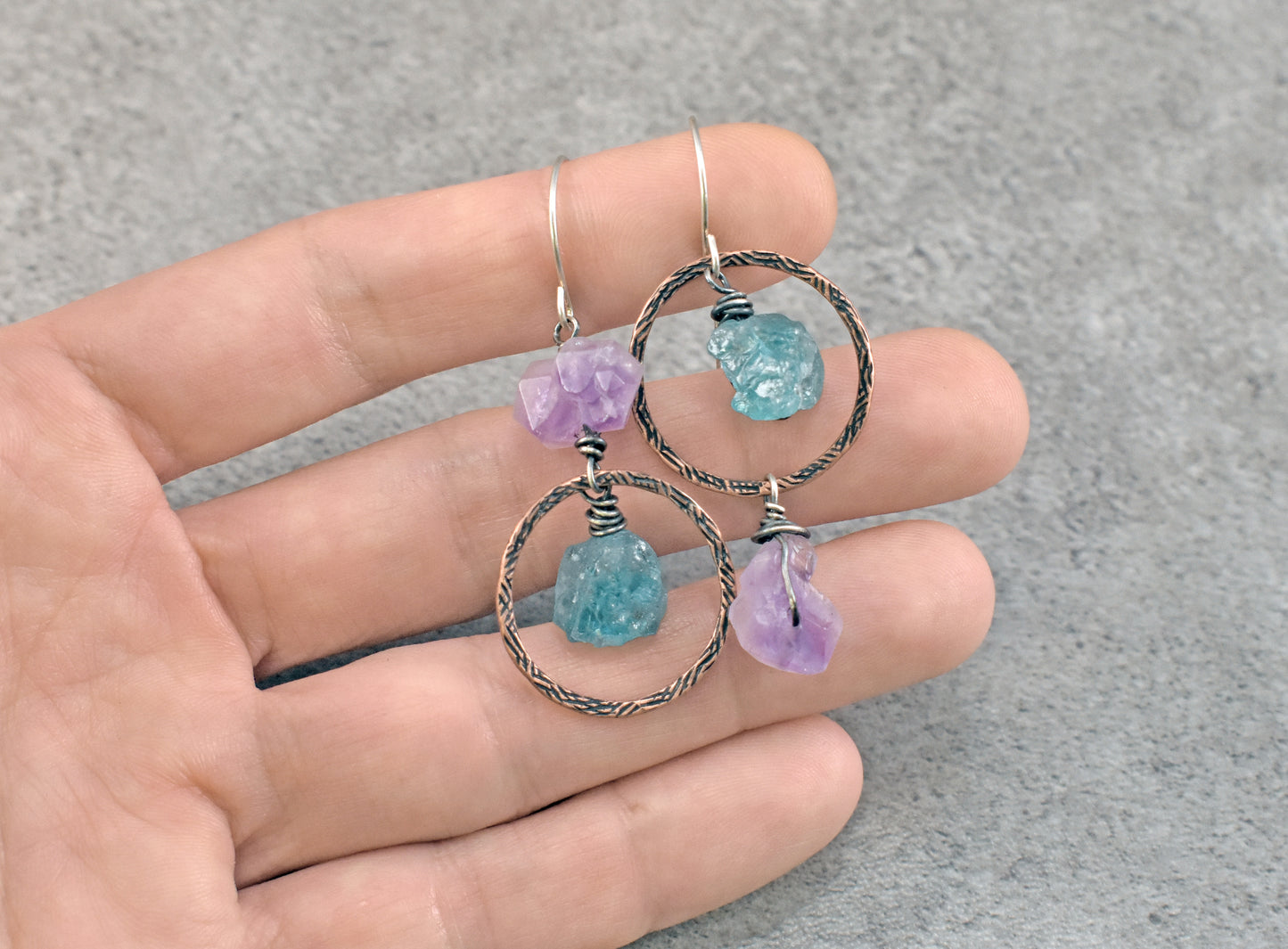 Raw Apatite and Amethyst Asymmetrical Mixed Metal Earrings, Rustic Copper Blue and Purple Circle Jewelry
