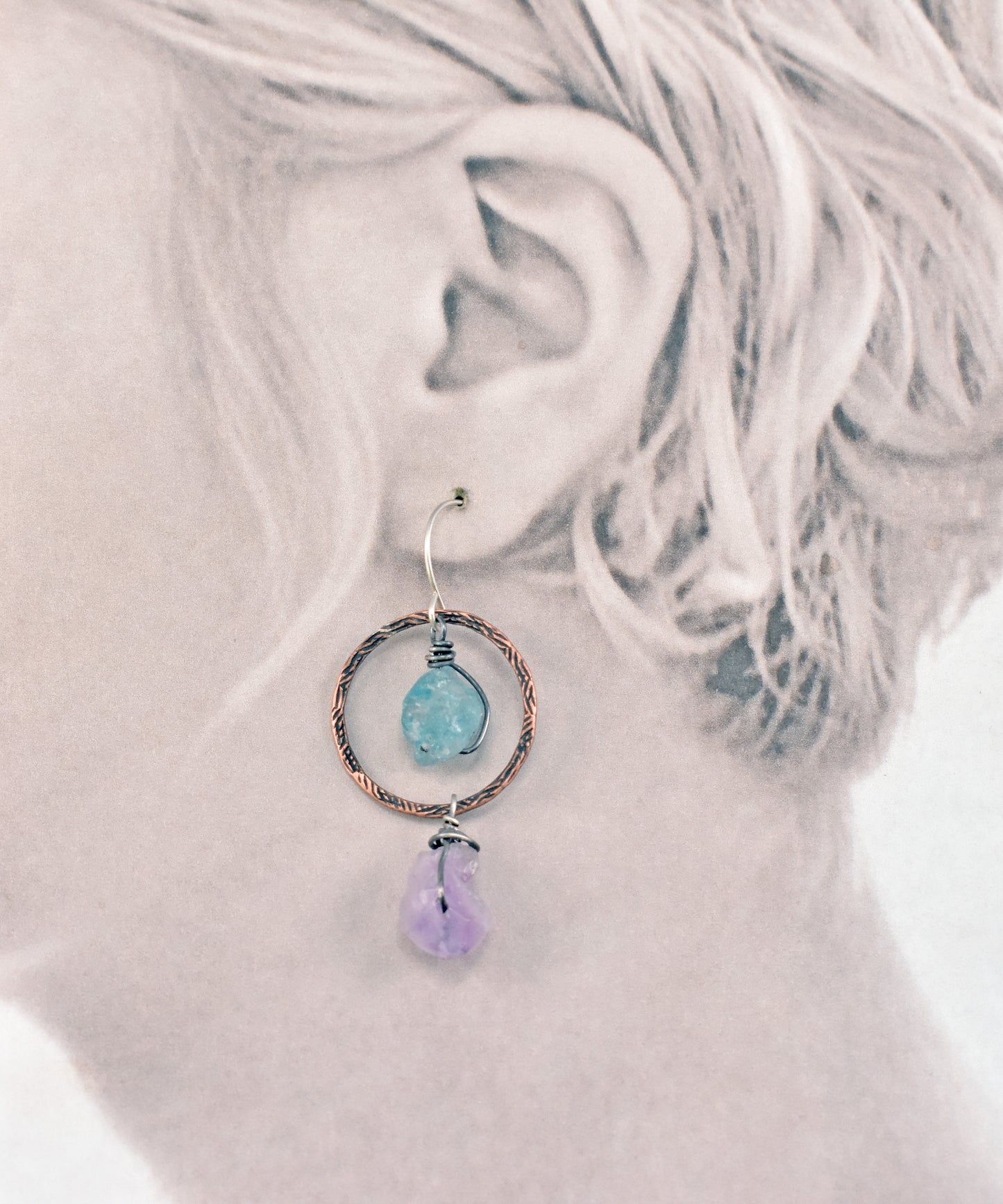 Raw Apatite and Amethyst Asymmetrical Mixed Metal Earrings, Rustic Copper Blue and Purple Circle Jewelry