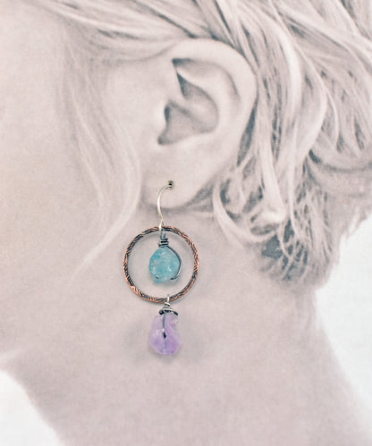 Raw Apatite and Amethyst Asymmetrical Mixed Metal Earrings, Rustic Copper Blue and Purple Circle Jewelry