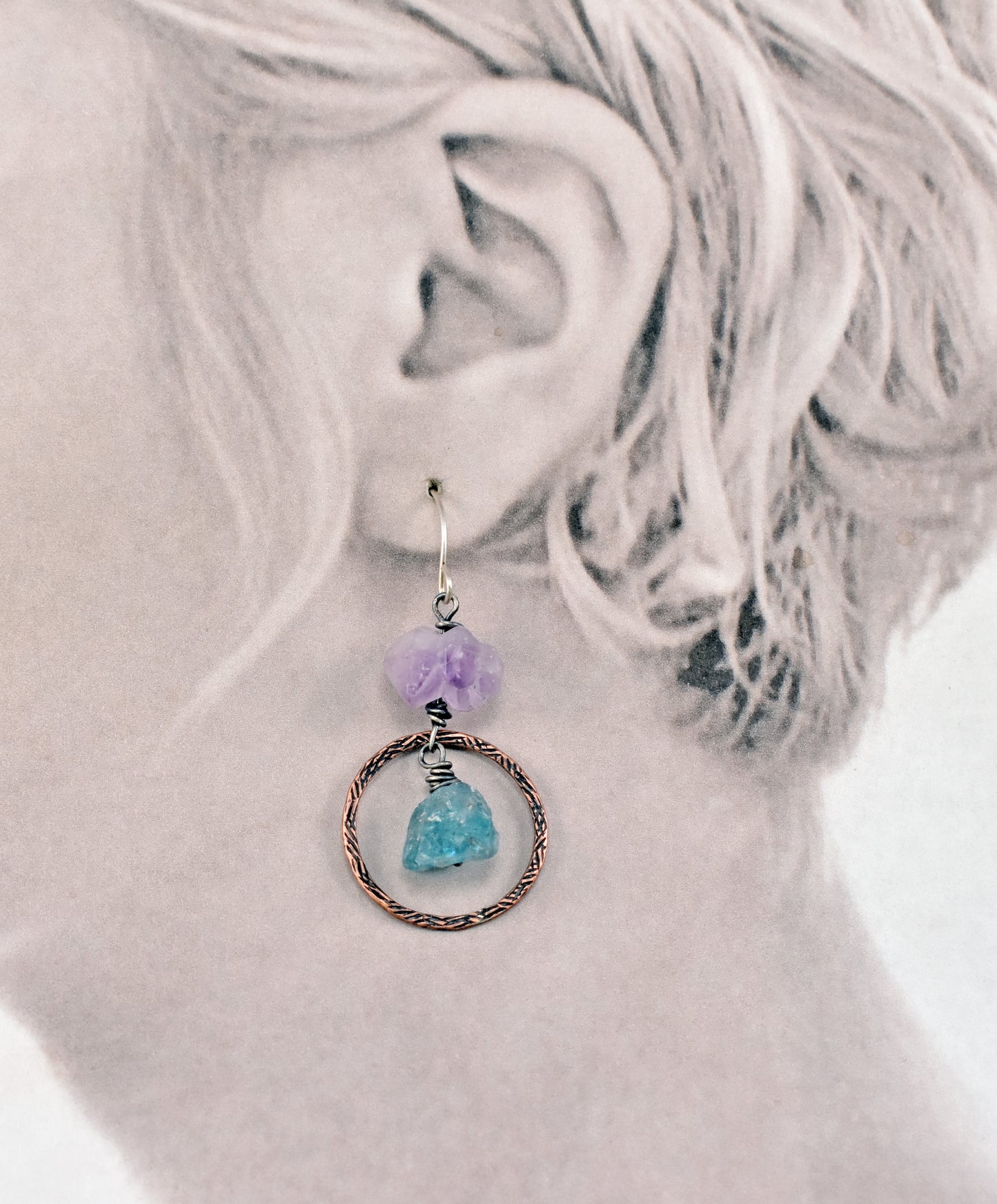 Raw Apatite and Amethyst Asymmetrical Mixed Metal Earrings, Rustic Copper Blue and Purple Circle Jewelry
