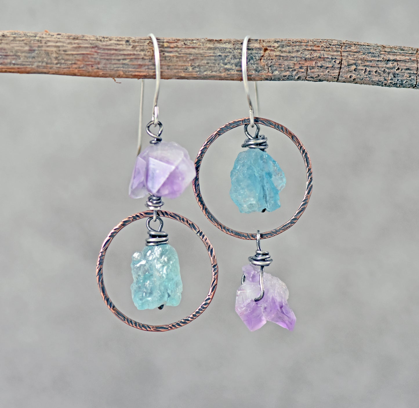 Raw Apatite and Amethyst Asymmetrical Mixed Metal Earrings, Rustic Copper Blue and Purple Circle Jewelry