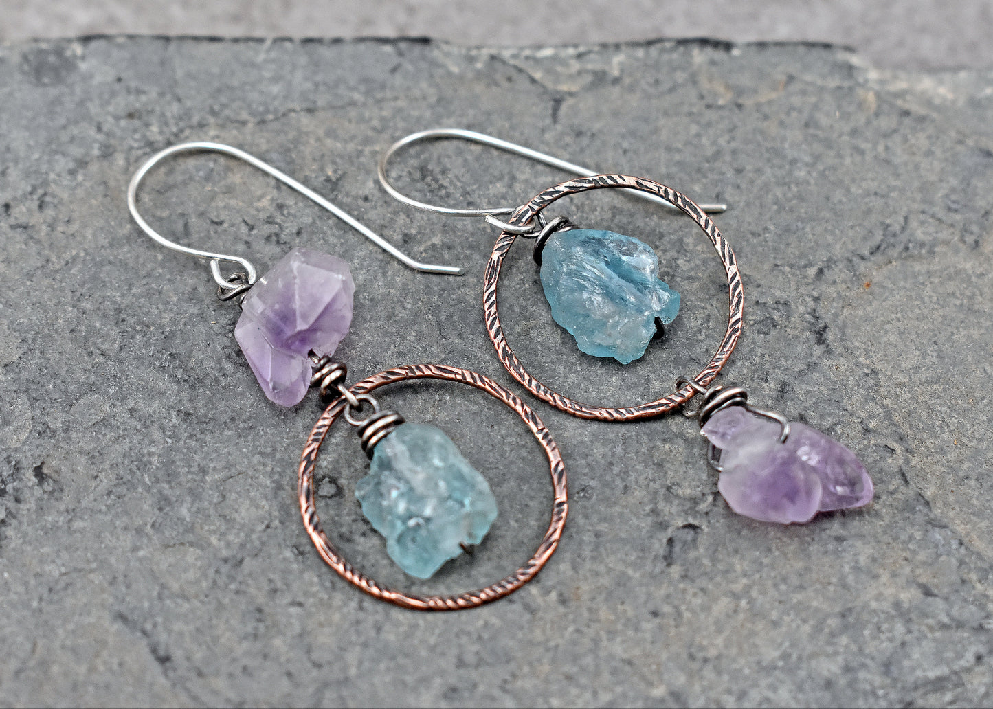 Raw Apatite and Amethyst Asymmetrical Mixed Metal Earrings, Rustic Copper Blue and Purple Circle Jewelry
