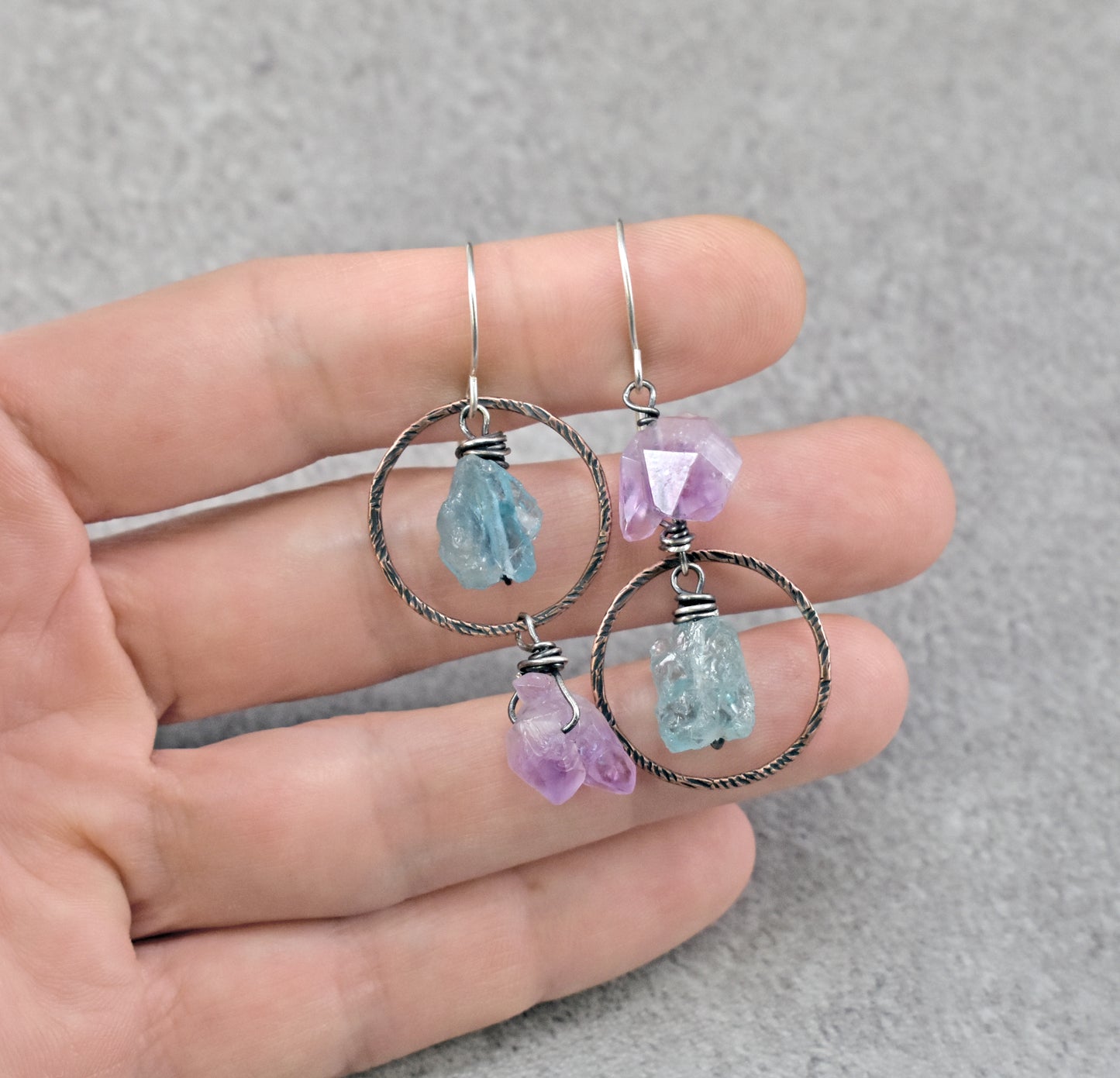 Raw Apatite and Amethyst Asymmetrical Mixed Metal Earrings, Rustic Copper Blue and Purple Circle Jewelry