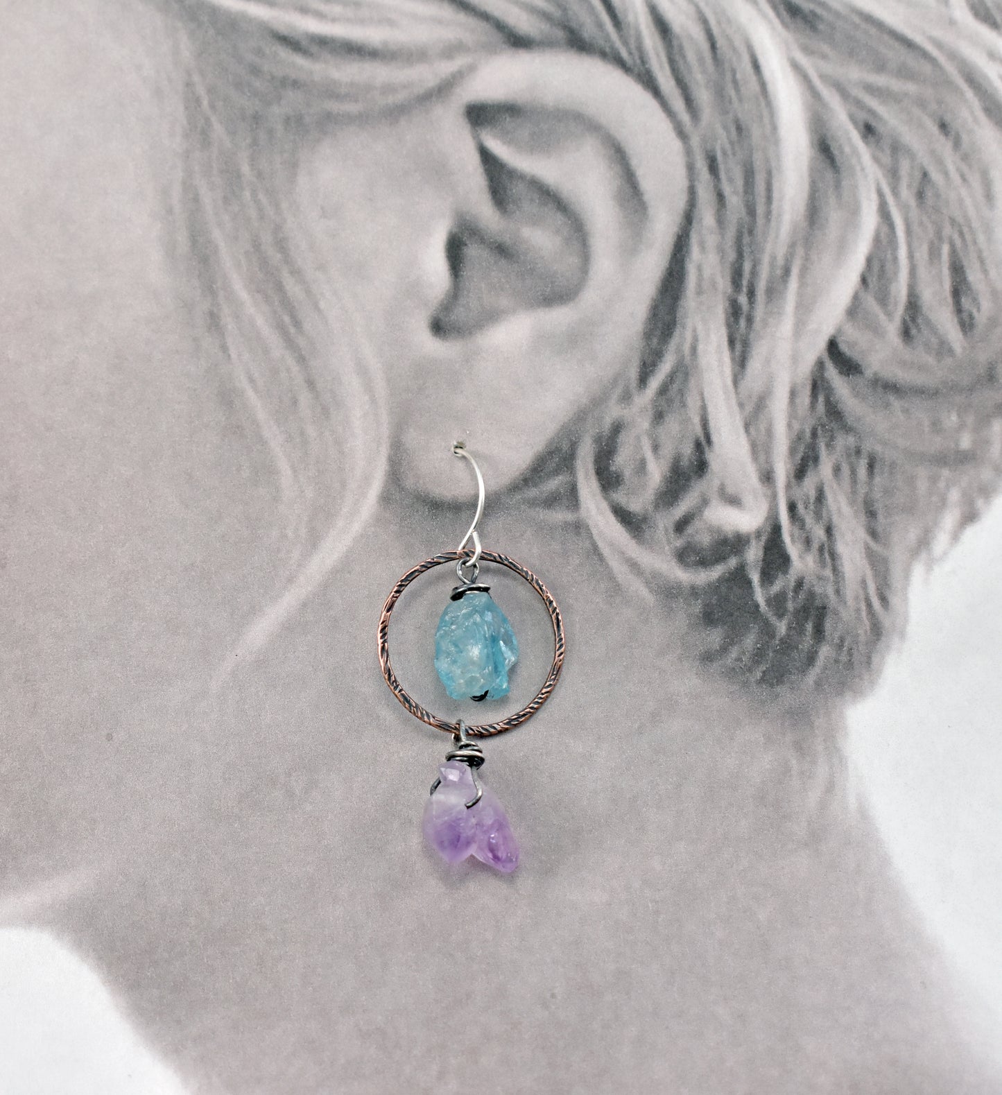 Raw Apatite and Amethyst Asymmetrical Mixed Metal Earrings, Rustic Copper Blue and Purple Circle Jewelry