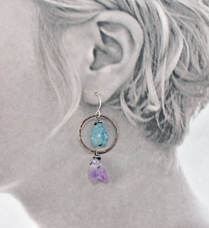 Raw Apatite and Amethyst Asymmetrical Mixed Metal Earrings, Rustic Copper Blue and Purple Circle Jewelry