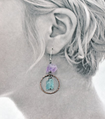 Raw Apatite and Amethyst Asymmetrical Mixed Metal Earrings, Rustic Copper Blue and Purple Circle Jewelry