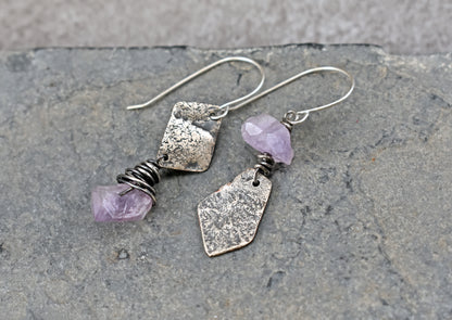 Raw Amethyst Mixed Metal Asymmetrical Earrings, Rustic Copper Sterling Silver Purple Gemstone Jewelry
