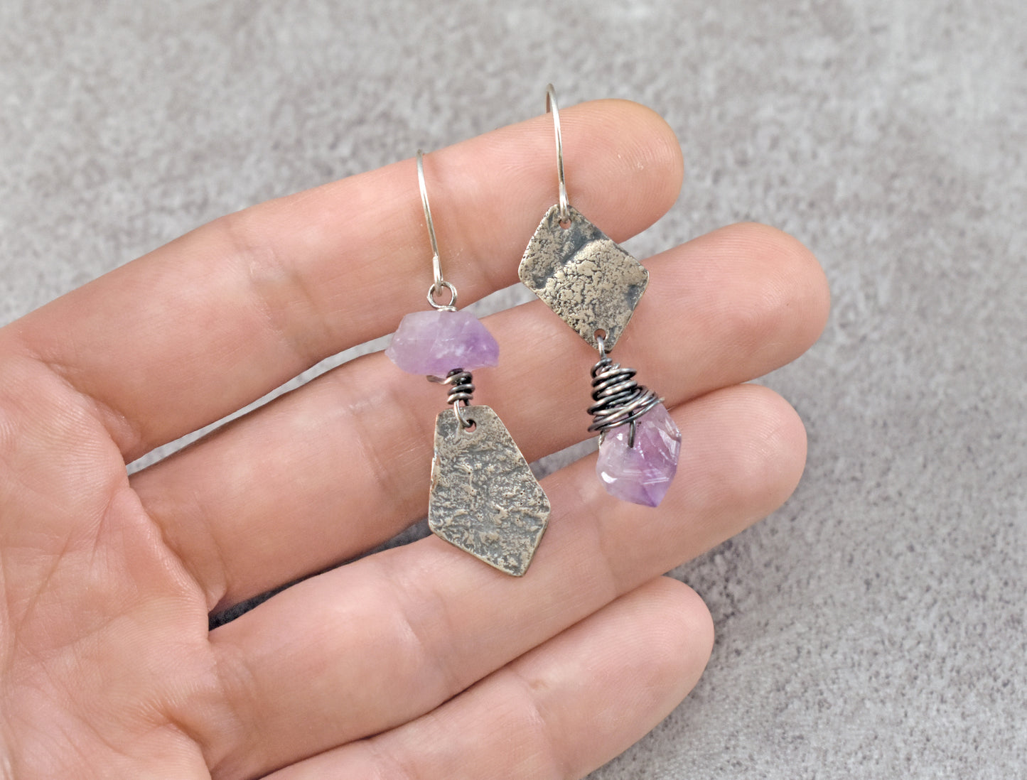 Raw Amethyst Mixed Metal Asymmetrical Earrings, Rustic Copper Sterling Silver Purple Gemstone Jewelry