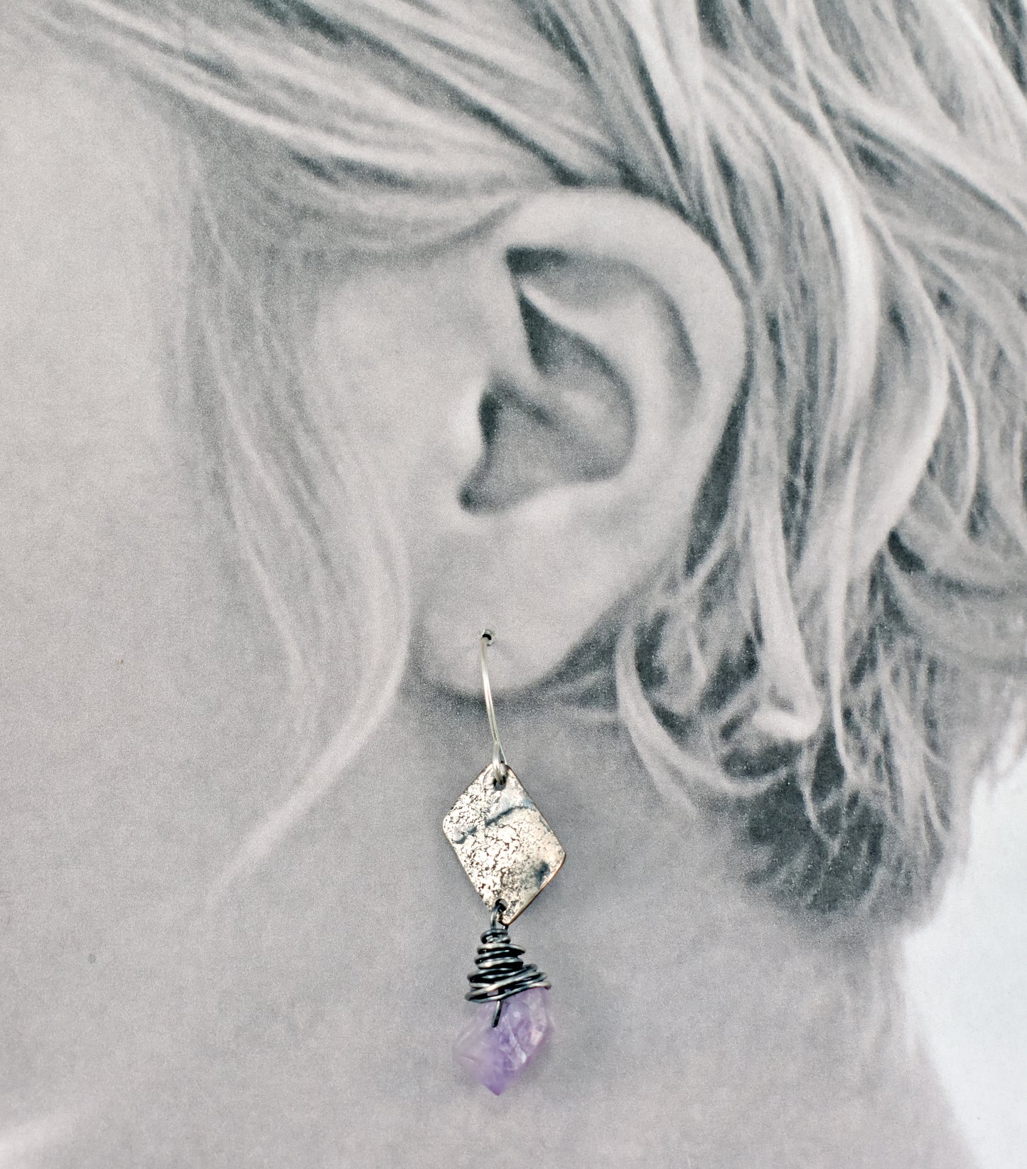 Raw Amethyst Mixed Metal Asymmetrical Earrings, Rustic Copper Sterling Silver Purple Gemstone Jewelry