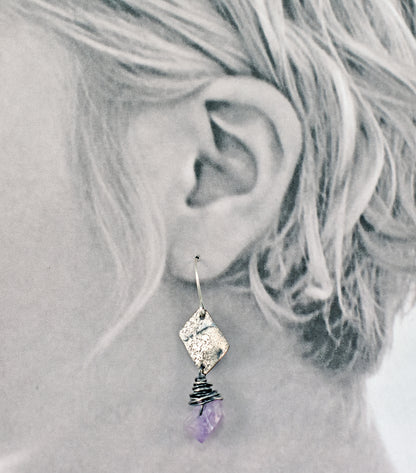 Raw Amethyst Mixed Metal Asymmetrical Earrings, Rustic Copper Sterling Silver Purple Gemstone Jewelry
