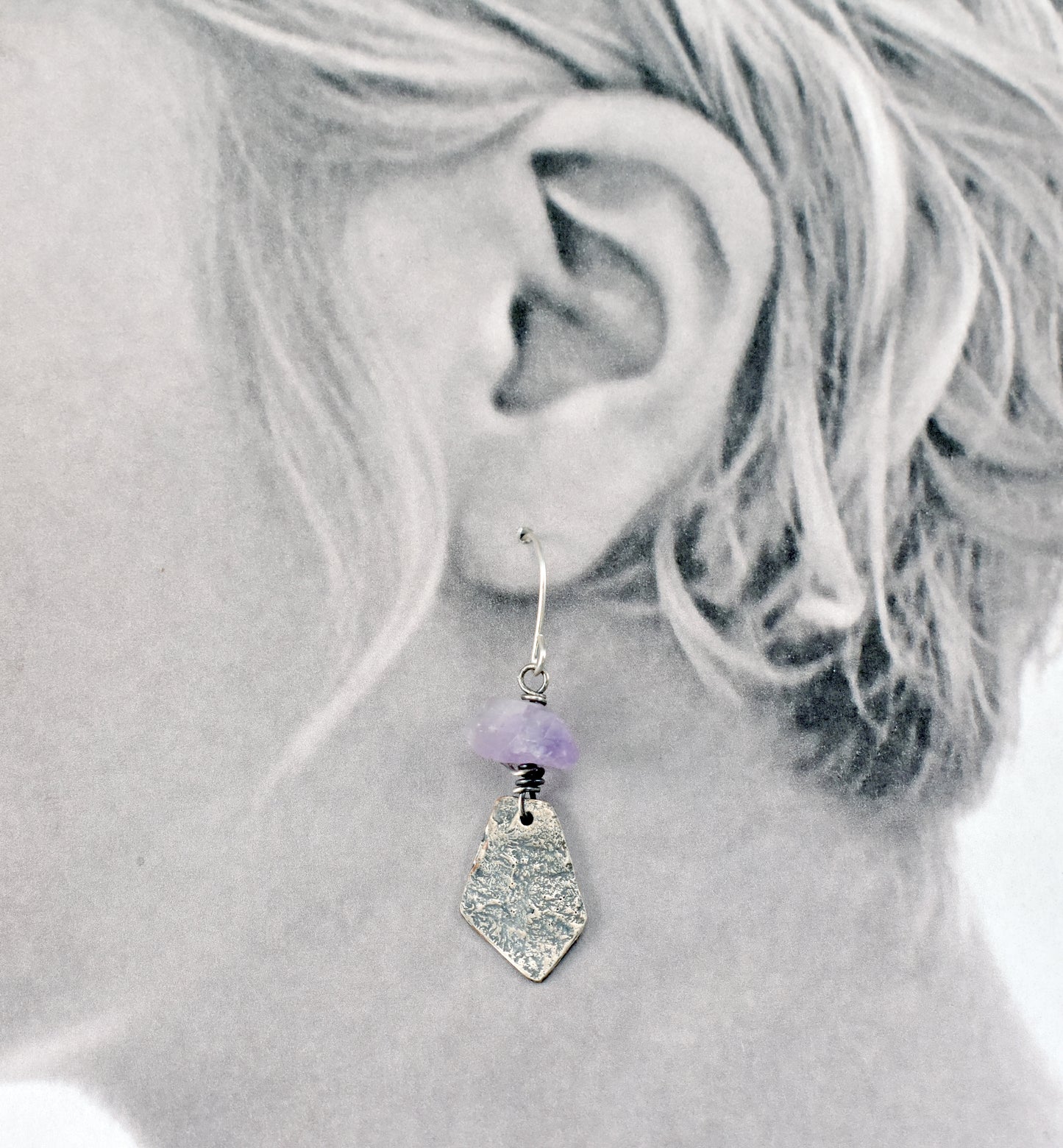 Raw Amethyst Mixed Metal Asymmetrical Earrings, Rustic Copper Sterling Silver Purple Gemstone Jewelry