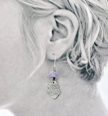 Raw Amethyst Mixed Metal Asymmetrical Earrings, Rustic Copper Sterling Silver Purple Gemstone Jewelry