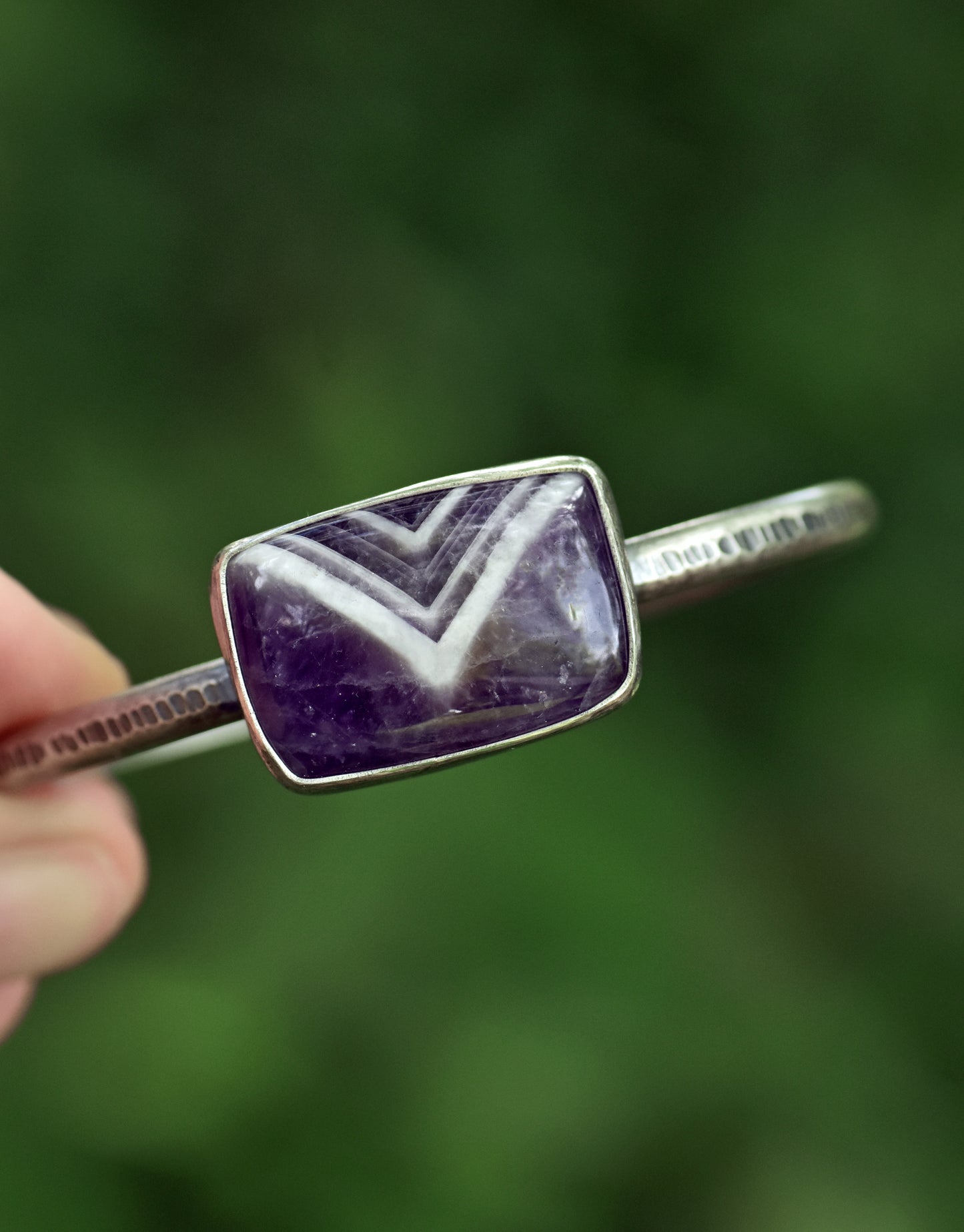 Chevron Amethyst and Sterling Silver Cuff Bracelet, Size Medium, Purple Stone Artisan Jewelry