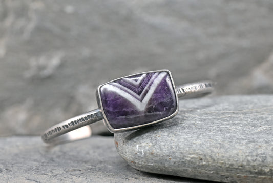 Chevron Amethyst and Sterling Silver Cuff Bracelet, Size Medium, Purple Stone Artisan Jewelry