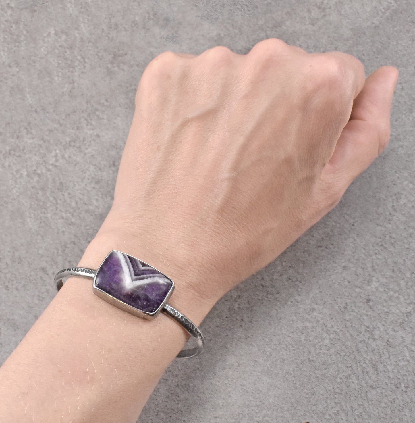 Chevron Amethyst and Sterling Silver Cuff Bracelet, Size Medium, Purple Stone Artisan Jewelry
