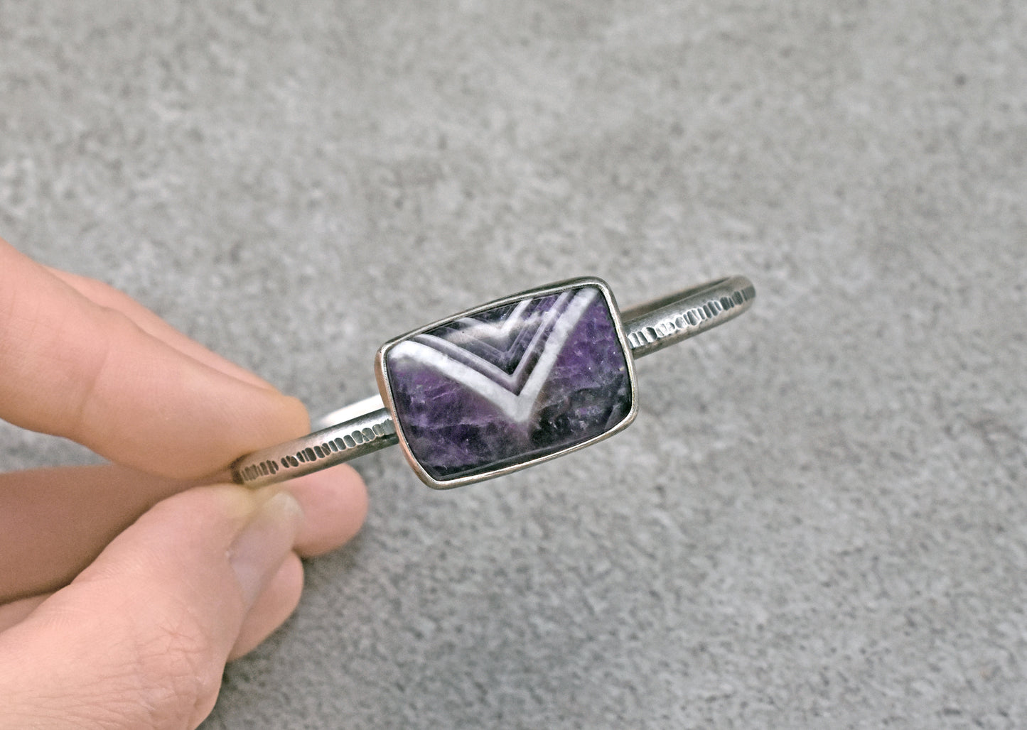 Chevron Amethyst and Sterling Silver Cuff Bracelet, Size Medium, Purple Stone Artisan Jewelry
