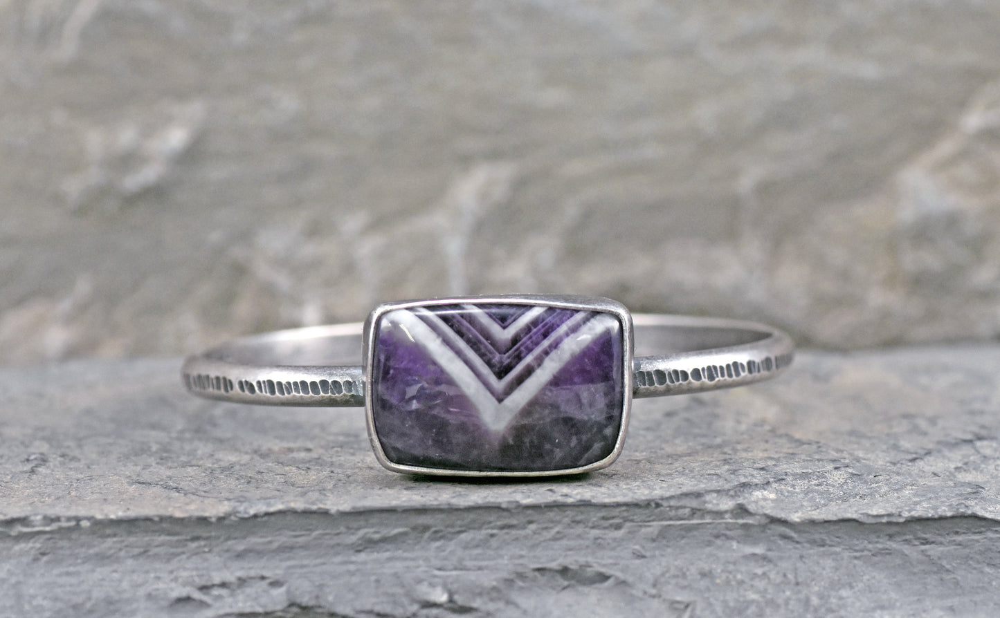 Chevron Amethyst and Sterling Silver Cuff Bracelet, Size Medium, Purple Stone Artisan Jewelry