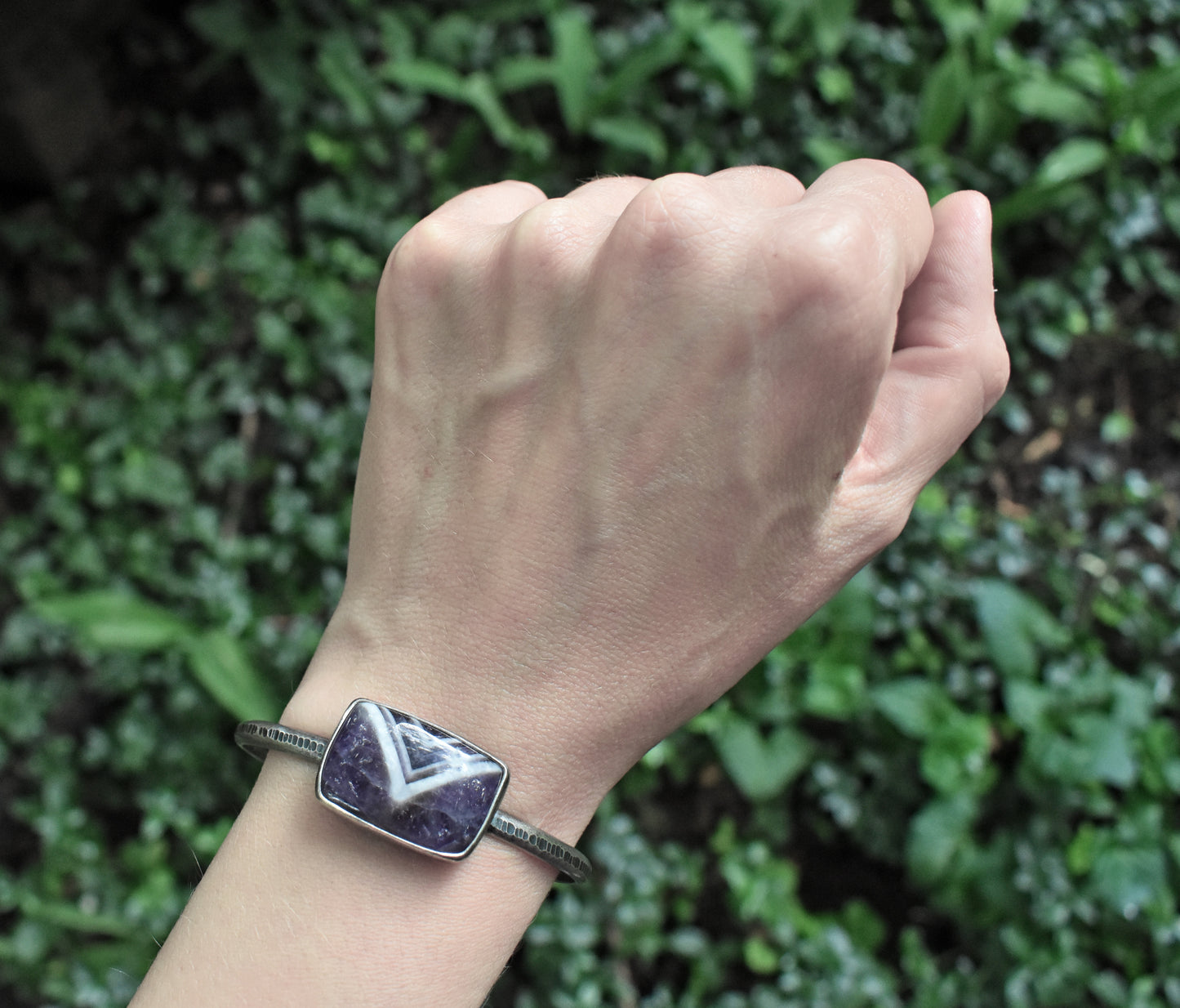 Chevron Amethyst and Sterling Silver Cuff Bracelet, Size Medium, Purple Stone Artisan Jewelry