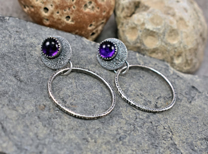 Amethyst and Sterling Silver Hoop Earrings, Unique Silversmith Jewelry