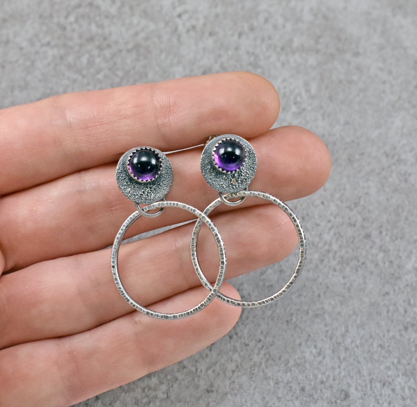 Amethyst and Sterling Silver Hoop Earrings, Unique Silversmith Jewelry