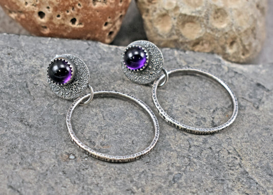 Amethyst and Sterling Silver Hoop Earrings, Unique Silversmith Jewelry