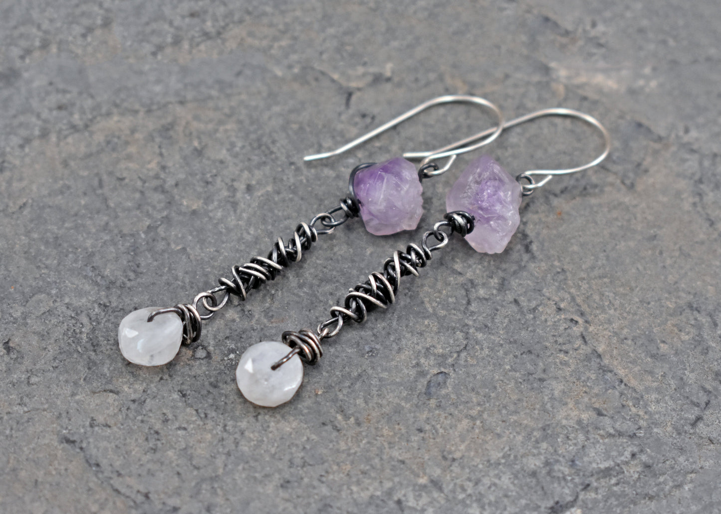 Raw Amethyst, Moonstone and Sterling Silver Earrings, Unique Handmade Rustic Purple Jewelry