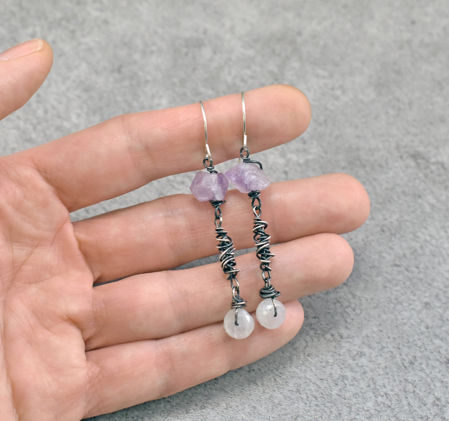 Raw Amethyst, Moonstone and Sterling Silver Earrings, Unique Handmade Rustic Purple Jewelry