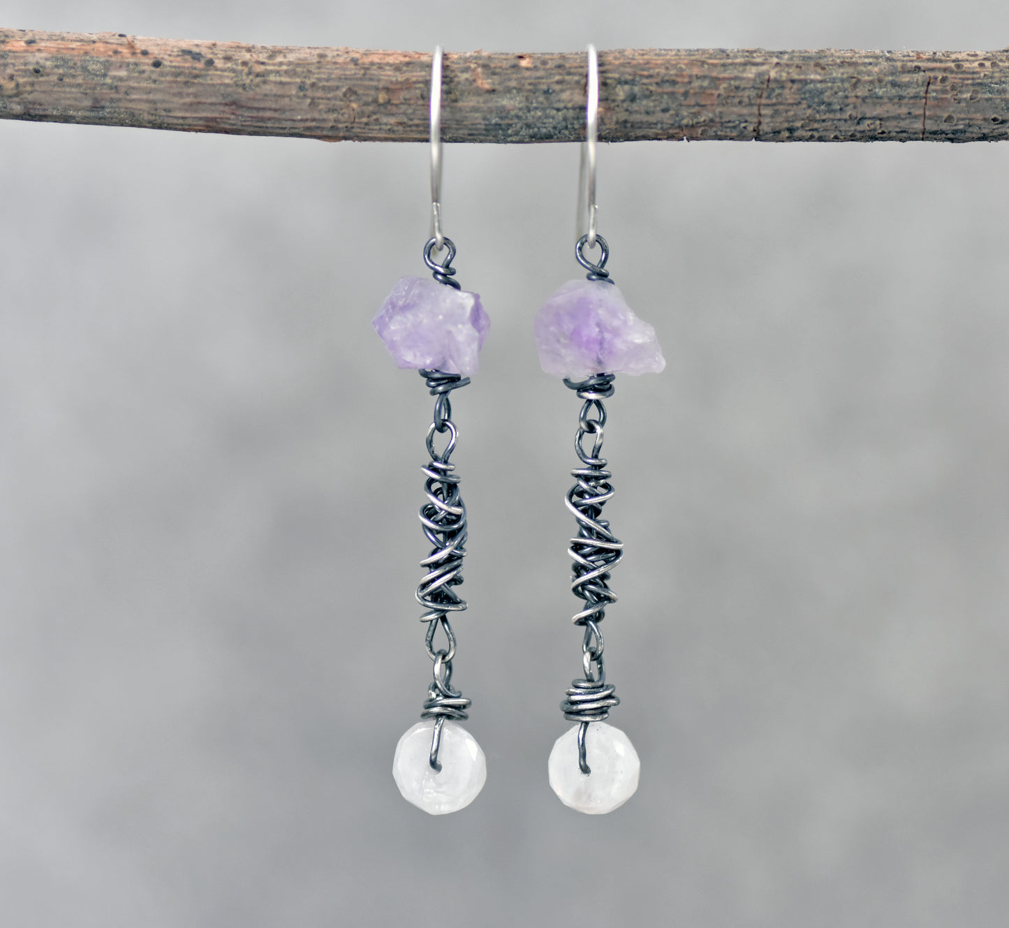 Raw Amethyst, Moonstone and Sterling Silver Earrings, Unique Handmade Rustic Purple Jewelry