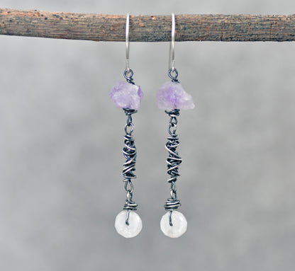Raw Amethyst, Moonstone and Sterling Silver Earrings, Unique Handmade Rustic Purple Jewelry
