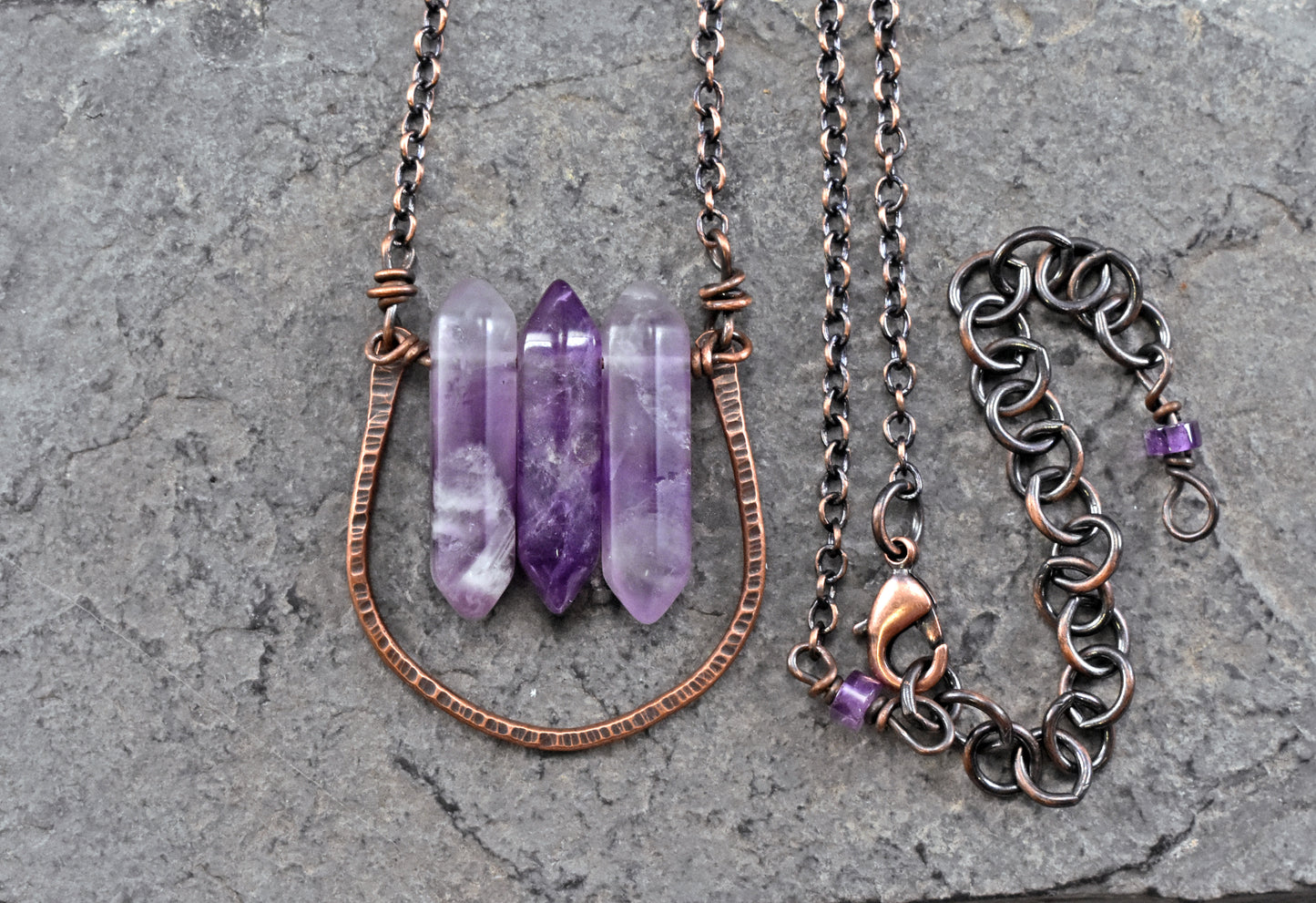 Double Terminated Amethyst Point Necklace, Rustic Artisan Copper Jewelry