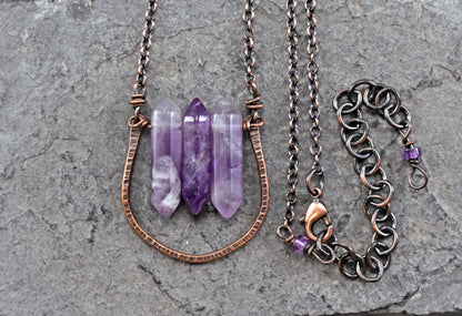Double Terminated Amethyst Point Necklace, Rustic Artisan Copper Jewelry