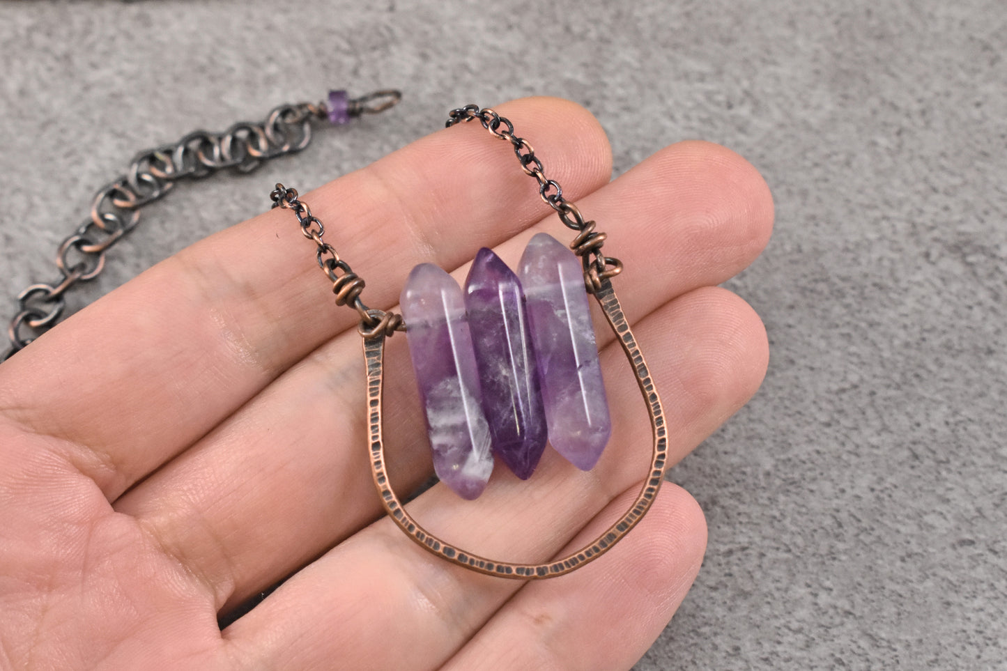 Double Terminated Amethyst Point Necklace, Rustic Artisan Copper Jewelry