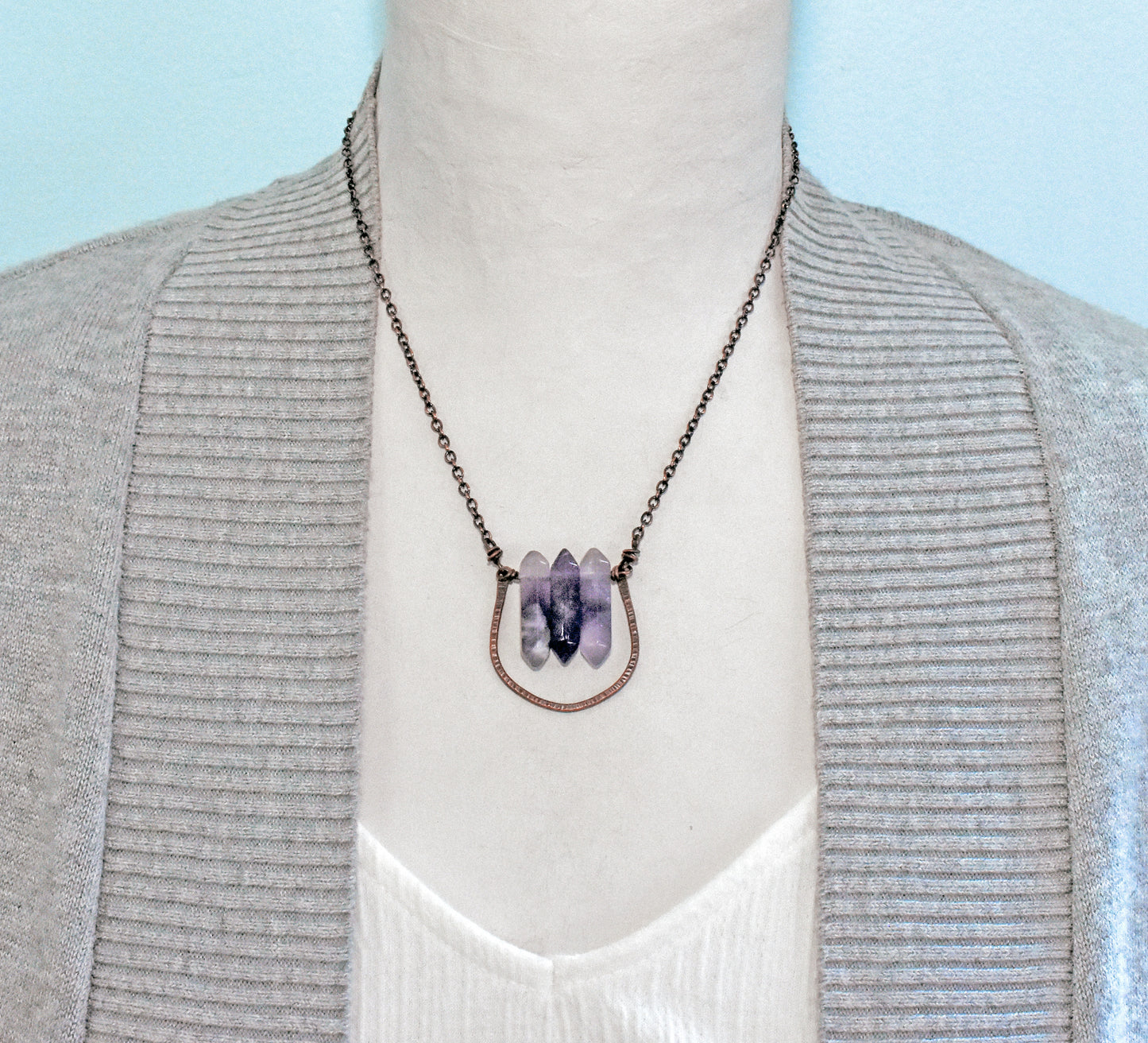 Double Terminated Amethyst Point Necklace, Rustic Artisan Copper Jewelry