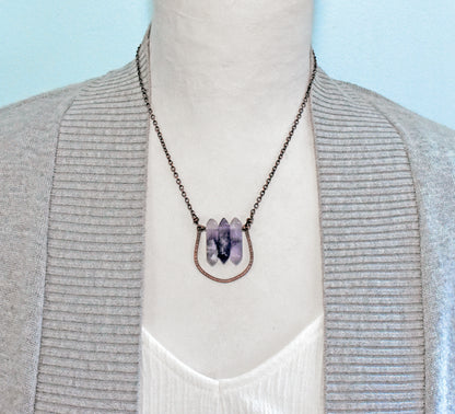 Double Terminated Amethyst Point Necklace, Rustic Artisan Copper Jewelry