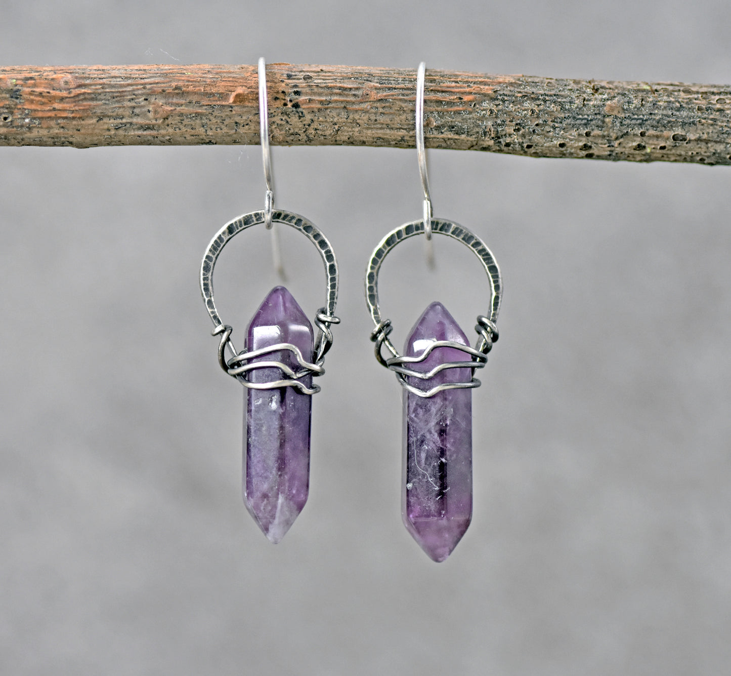 Amethyst Double Terminated Point and Sterling Silver Earrings, Unique Handmade Purple Jewelry