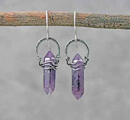 Amethyst Double Terminated Point and Sterling Silver Earrings, Unique Handmade Purple Jewelry