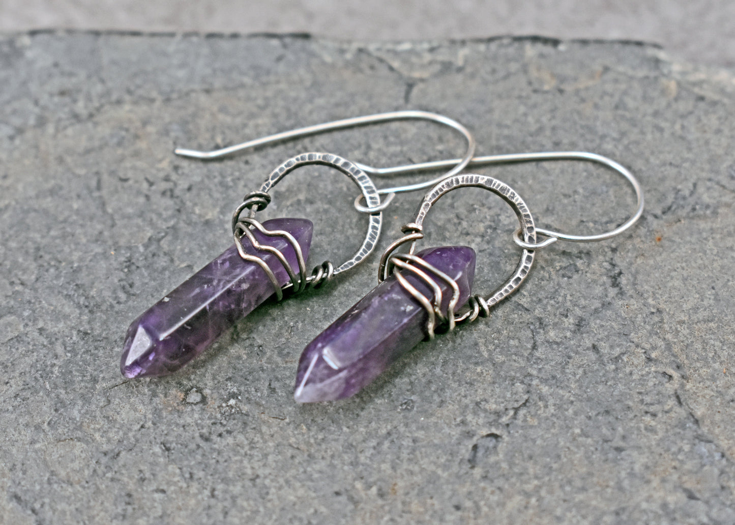 Amethyst Double Terminated Point and Sterling Silver Earrings, Unique Handmade Purple Jewelry